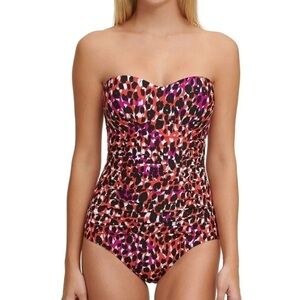 DKNY MULTI Printed Pleated Bandeau One-Piece Swimsuit